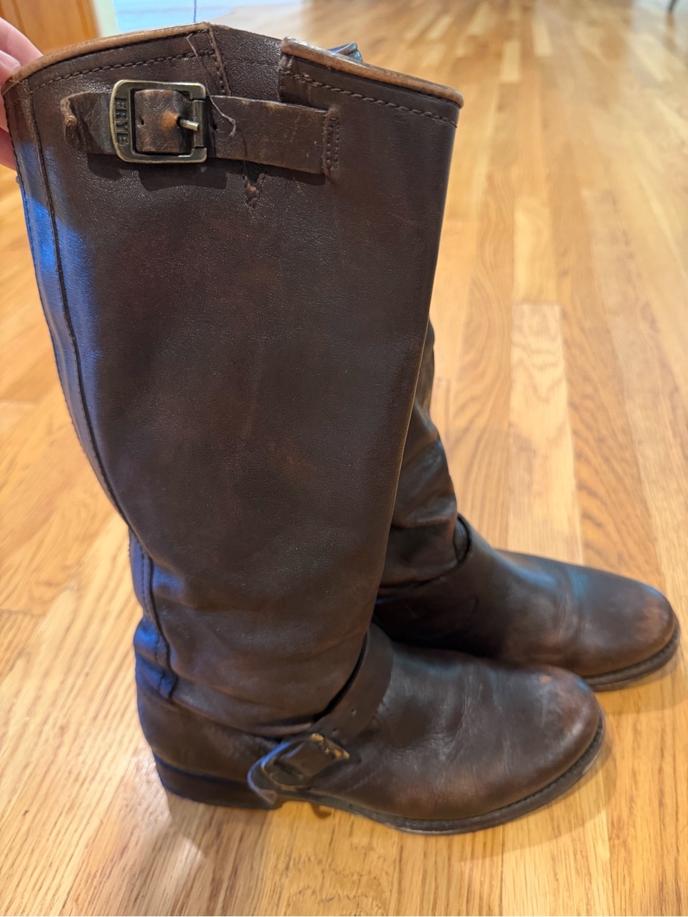 Frye Dark Brown Leather Mid-Calf Heeled Riding Boots
